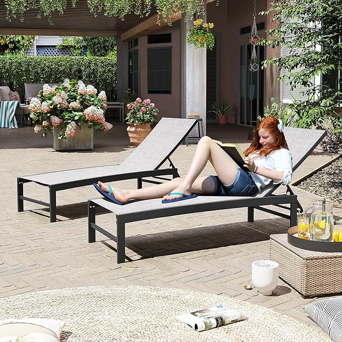 Crestlive Products Pool Lounge Chair Outdoor Set of 2, Chaise Lounge Chairs, Adjustable Five-Position Tanning Recliner, All Weather for Patio, Beach, Yard, Pool (Grey Black)
