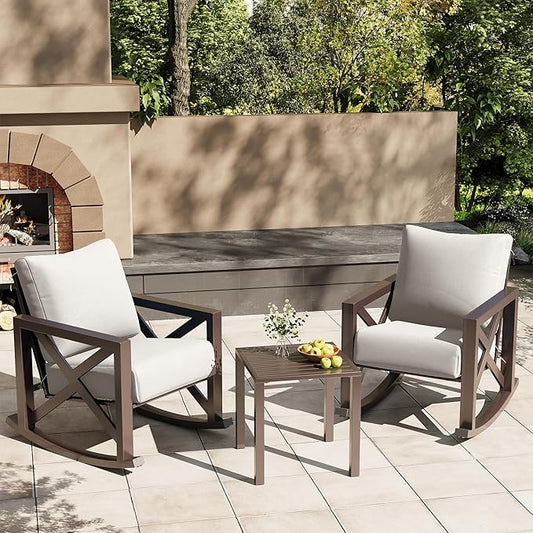 UDPATIO Rocking Chair Outdoor Set 2 with Coffee Table, 3 Piece Metal Rocking Bistro Set with 6.5" Water-Resistant Cushions, Oversized, 350lbs Heavy-Duty, for Porch, Patio, Balcony, Beige