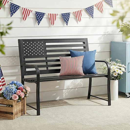 50" Garden Bench Outdoor Bench with American Flag Style, Cast Iron Metal Frame Sturdy Patio Park Bench Arch Legs for Porch,Lawn,Garden,Yard (Black)