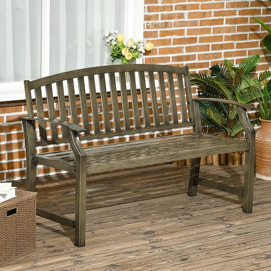 46" Outdoor Garden Bench, Metal Bench, Wood Look Slatted Frame Furniture for Patio, Park, Porch, Lawn, Yard, Deck, Black