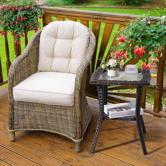Outdoor Glass Side Table, End Table with Glass Top, Patio Coffee Bistro Table for Indoor Garden Porch Balcony (Brown, Square 18x18x23in)