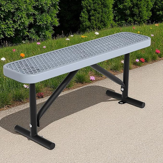 4ft Park Benches for Outside, 48" L Backless Heavy-Duty Commercial Gray Garden Bench with Expanded Steel Mesh Seat, Weatherproof Park Patio Dining Table Bench for Backyard Lawn School Porch Deck