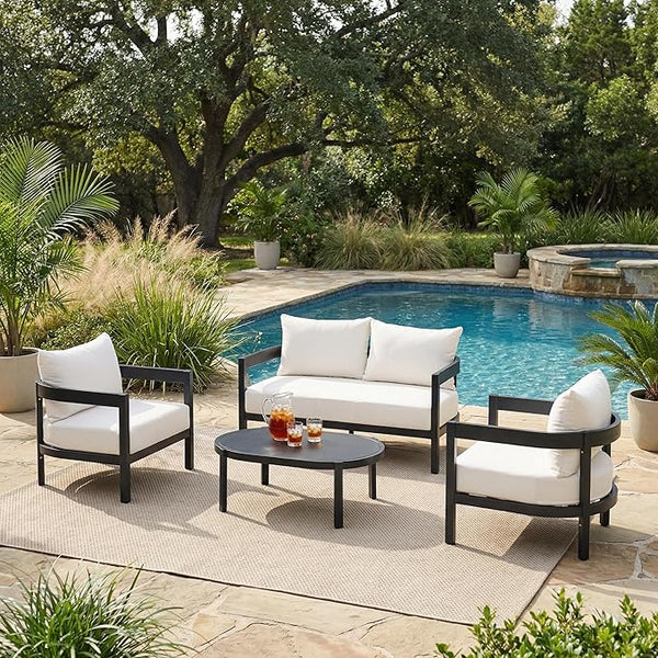 Merax 4 Piece Patio Outdoor Furniture Set, All-Weather Curved Aluminum Loveseat Sofa, 2 Armchairs w/Coushions - Photo 1