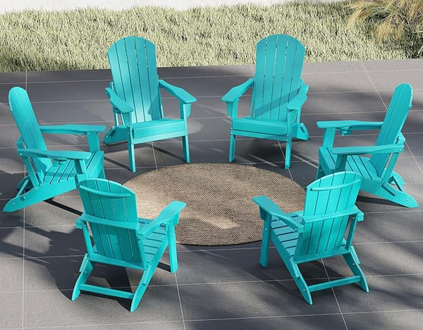Plawdlik Folding Adirondack Chair Set of 6 with Cup Holder,Wooden Textured ,Heavy All-Weather HDPE Comfortable Set - Photo 1