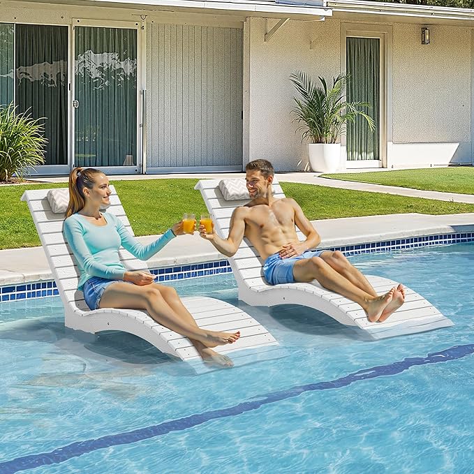 Pool Lounge Chairs Outdoor,HDPS Long Pool Chairs for in Pools, Weighted All Weather Tanning Chair with Headrest,Chaise Lounge for Outside Beach Patio Sun Bathing Hotel, White