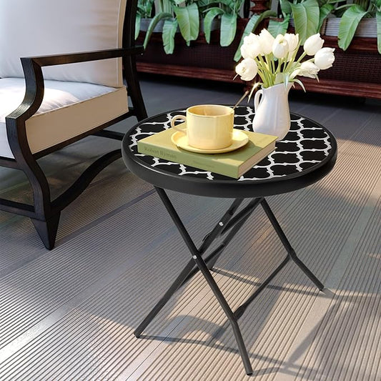 Foldable Patio Side Tables, 17.7" Small End Table Outdoor Weatherproof, Round Glass Top Outside Folding Table for Poolside, Balcony, Yard, Porch(Black and White Stripe)