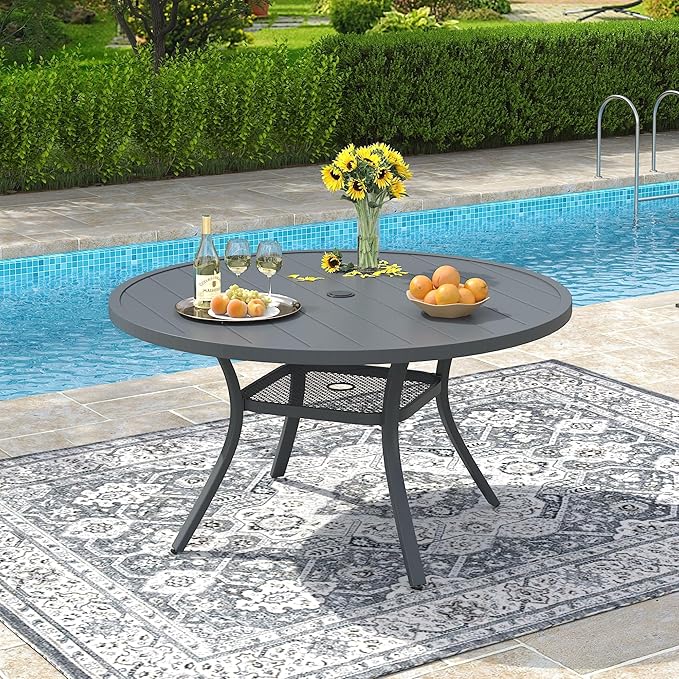 VICLLAX Round Patio Dining Table for 4-6, Outdoor Metal Dining Table with Umbrella Hole for Deck Lawn Garden Backyard, 47.2" Dark Grey