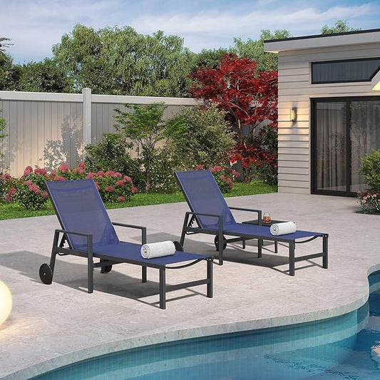 PURPLE LEAF 2 Pieces Outdoor Chaise Lounge Aluminum Patio Lounge Chair with Wheels and Armrests Outdoor Lounge Recliner Chair for Pool Backyard Beach Navy Blue