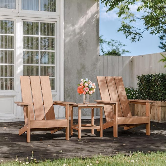 ALAULM 3-Piece Adirondack Chair Set with Table,HDPE All-Weather Resistant,Heavy Duty Wooden Textured Finish Outdoor Chair for Patio,Garden,Poolside-Beige