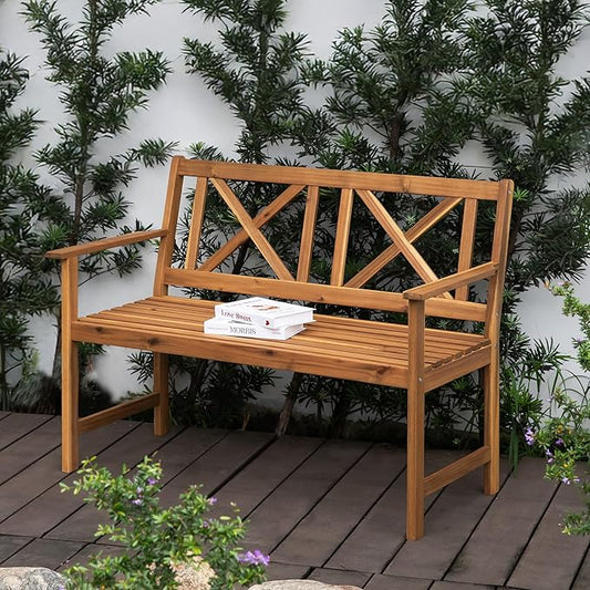 Outdoor Garden Bench Wood Bench in Natural Acacia Wood with Cross Back Design, Patio Dining Furniture for Front Porch, Patio, Lawn, Balcony, Yard, Porch, 47.2" x 24" x 35.4"