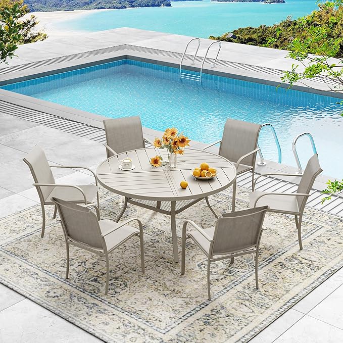 DIFY 47.2" Round Outdoor Patio Dining Table for 6, All-Weather Metal Steel Slatted Patio Table with 1.57" Adjustable Umbrella Hole, for Lawn Garden Porch Backyard, Sandshell