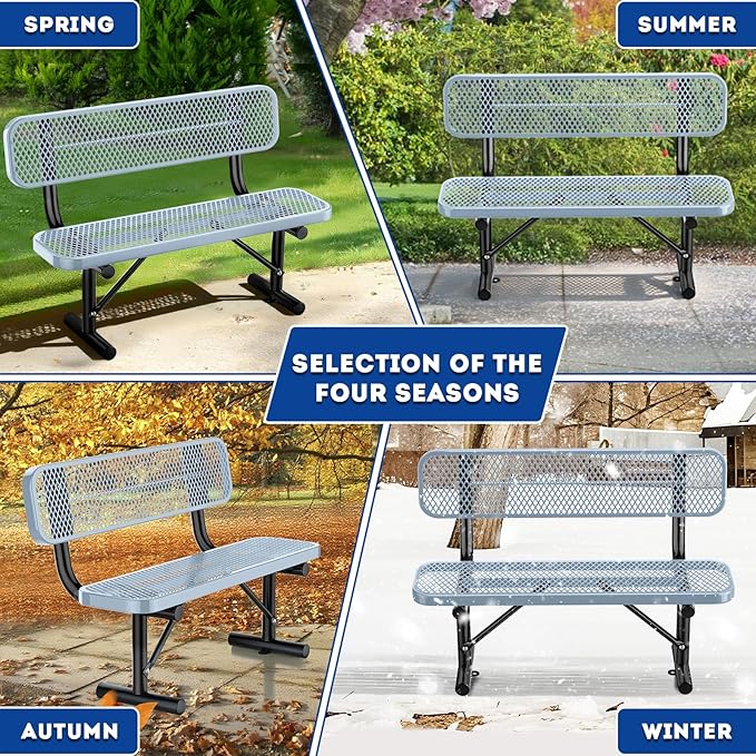 Heavy Duty Park Bench for Outside, Metal Park Bench with Back Portable Frame, Outdoor Steel Mesh Garden Bench with Backrest for Garden, Lawn, Patio, Porch, Park, Yard (Grey, 4FT/50INCH)