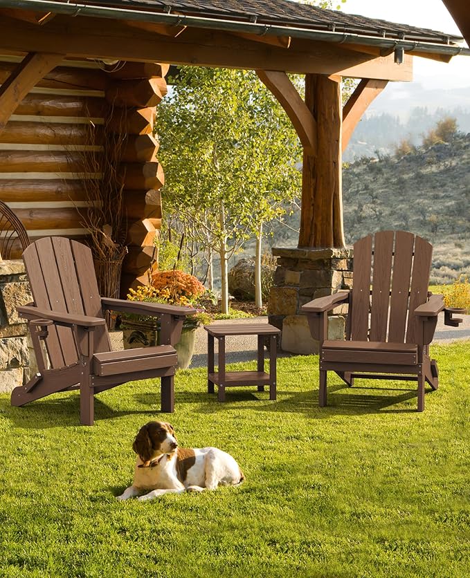 SERWALL Folding Adirondack Chair Set of 2, Reclining Adirondack Chair with 3 Recline Positions, All Weather HDPE Outdoor Adirondack, Brown