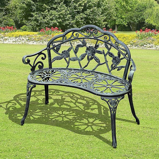 Green Metal Garden Bench, Outdoor Seating for Two, Patio Bench with Floral Accents, 46 Inch Wide