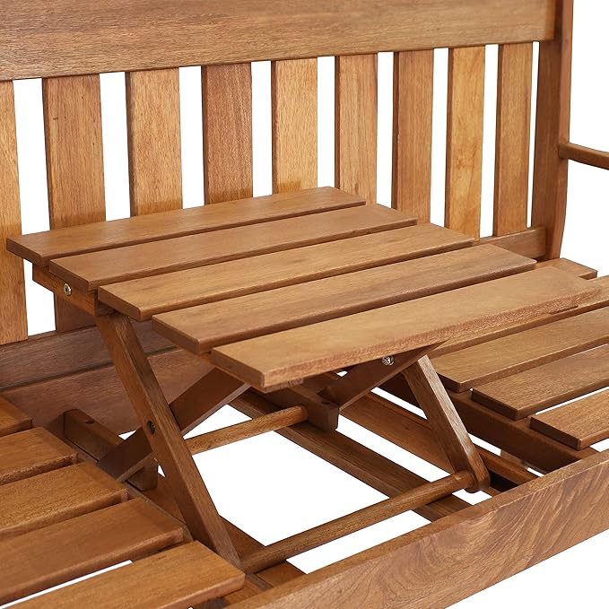 Sunnydaze Meranti Wood Outdoor Patio Bench with Built-in Pop-Up Table - Teak Oil Finish - 60-Inch