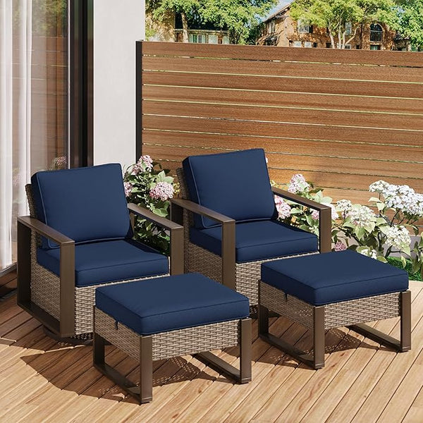 Outdoor Wicker Metal Chairs Set of 2 with Two Ottomans, 360 Degree Glider Rockers Armchairs - Photo 1