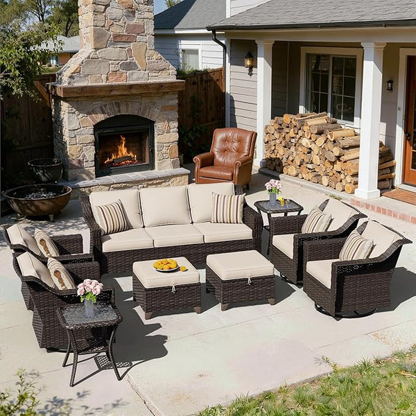 9 Pieces Patio Conversation Furniture Set - 1 Sofa, 2 Ottomans, 4 Swivel Chairs, 2 Side Tables - Photo 1