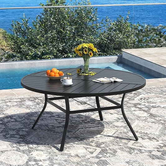 DIFY 53.1" Round Outdoor Patio Dining Table for 6-8, All-Weather Metal Steel Slatted Patio Table with 1.57" Adjustable Umbrella Hole, for Lawn Garden Porch Backyard, Black