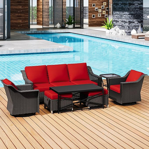 7 Pieces Outdoor Conversation Furniture Set - 77" Patio Sofa, 2 Swivel Rocker Chairs, 2 Ottomans, 1 Side Table - Photo 1