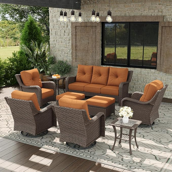 9 Piece Patio Furniture Set, All-Weather Wicker Outdoor Conversation Set with Swivel Rocking Chair and 6 Inch Thick - Photo 1