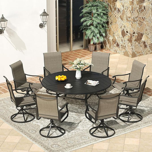 VICLLAX 60" Round Patio Dining Table for 8-10, All Weather Metal Outdoor Table with 1.57" Umbrella Hole and Surdy Frame for Garden Lawn Deck, Black