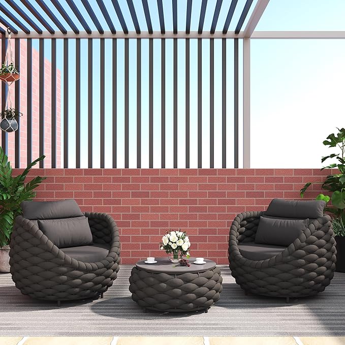TWT Outdoor Coffee Table Round Centerpiece Table, Lightweight Accent Table with Hand Woven Rope Decor for Garden and Patio(Polyester Rope, Dark Grey)