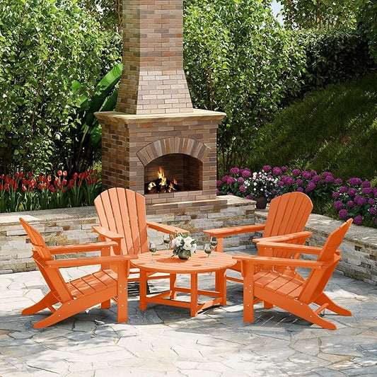 WestinTrends Dylan 5-Piece Outdoor Patio HDPE Adirondack Chair with Round Coffee Table Conversation Set, Orange