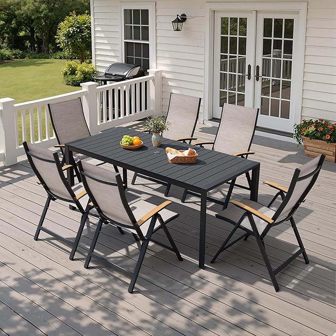Crestlive Products Outdoor Dining Table for 6, 71in Aluminum Patio Dining Table with Umbrella Hole Weather-Resistant Rectangle Outside Table for Garden Backyard Indoor, Black