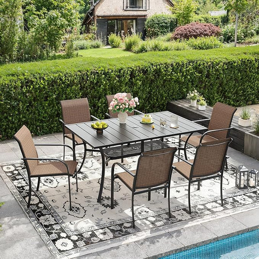 DIFY 59.2" Outdoor Patio Dining Table for 6, Metal Rectangular Steel Slat Patio Table with 1.57" Adjustable Umbrella Hole, Weather-Resistant for Garden Backyard Poolside Deck, Black