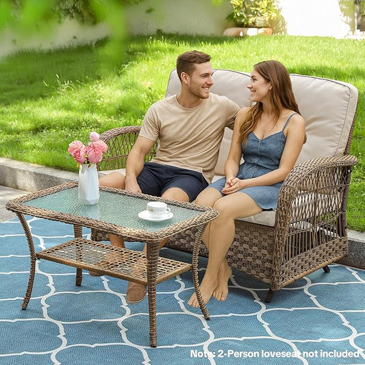 VIVIJASON Outdoor Wicker Coffee Table, All-Weather Rattan Patio Coffee Table with 2-Tier Storage, Tempered Glass Top Rectangle Center Table for Deck, Garden, Balcony, Porch, Indoor or Outdoor Use