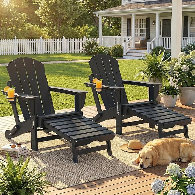 Outsunny Folding Adirondack Chair Set of 2, Outdoor HDPE Fire Pit Chair with Retractable Ottoman, Cup Holder and Large Seat for Deck, Garden, Backyard, Black