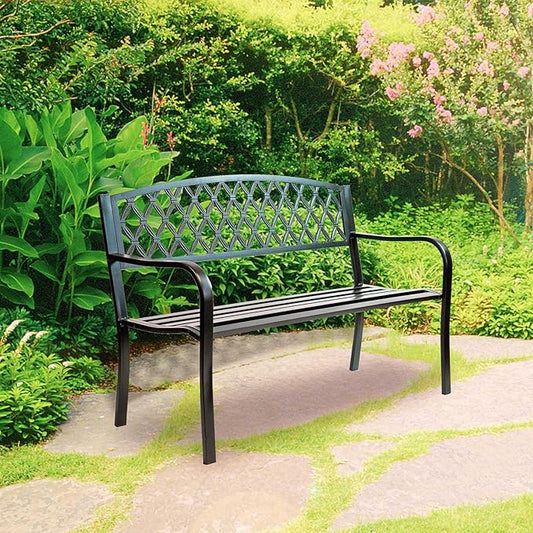 Lattice Metal Park Patio Bench, Outdoor Bench in Black for Porch, Lawn, Garden, Deck by Sun-Ray