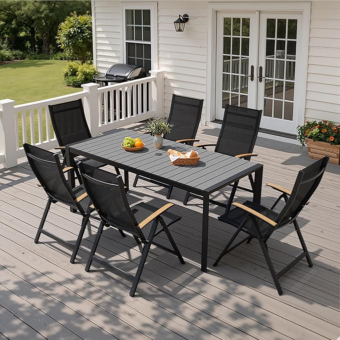 Crestlive Products Outdoor Dining Table for 6, 71in Aluminum Patio Table with Umbrella Hole Weather-Resistant Rectangle Outside Table for Garden Backyard Indoor, Grey