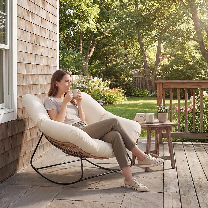 Outsunny Papasan Rocking Chair, Wicker Oversized Indoor Outdoor Rocking Chair with Cushion, PE Rattan Padded Outdoor Rocker Egg Chairs for Living Room, Garden, Patio, Balcony, Beige