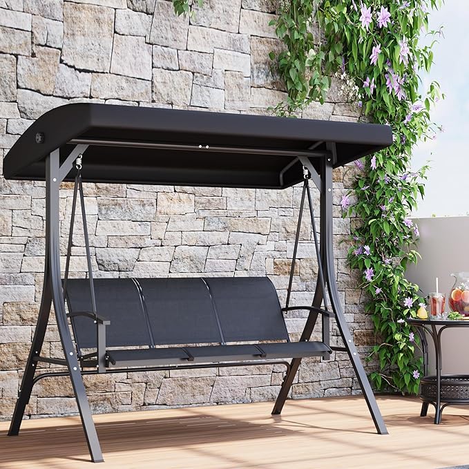 GAOMON 3-Seat Patio Swing Chair with Adjustable Canopy & Armrests, Breathable Textilene Fabric Seat & Backrest, Outdoor Porch Hanging Swing Bench for Garden, Poolside, Backyard – Black