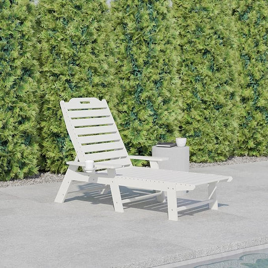 Flash Furniture Monterey Adjustable Adirondack Lounger with Cup Holder- All-Weather Indoor/Outdoor HDPE Lounge Chair, White