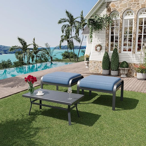 HOMREST Metal Outdoor Ottoman, 3-Piece Aluminum Footstool w/Removable Cushion - Photo 1