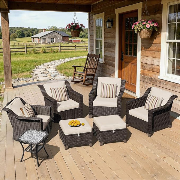 7 Pieces Patio Conversation Furniture Set - 2 Armchairs, 2 Ottomans, 2 Swivel Chairs, 1 Side Table - Photo 1