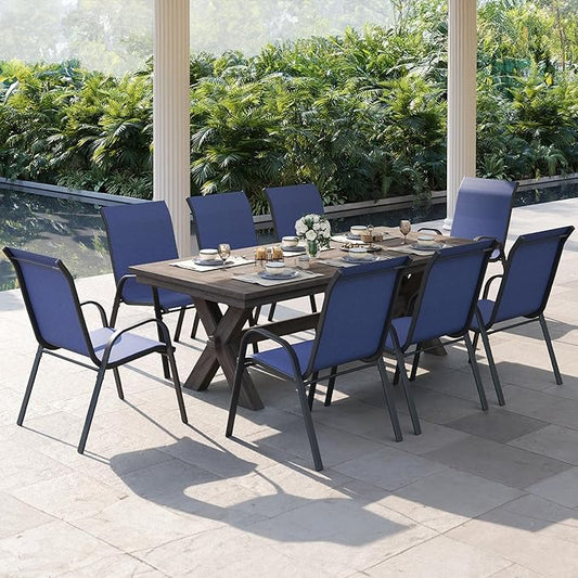 Patio Dining Chairs Set of 8, Outdoor High Stacking Chairs,Breathable Seat Fabric and Alloy Steel Frame for Backyard, Porch, Garden, Sunroom (Blue)
