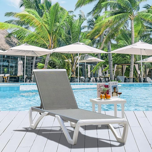Domi Pool Lounge Chair Aluminum Adjustable Outdoor Chaise Lounge,All Weather Plastic Poolside Lounge Chair with Table for Deck Lawn Backyard, Gray Textilene