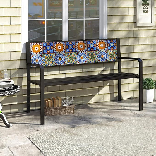 Tangkula 50" Metal Patio Park Bench, Modern Outdoor Classic Slatted Loveseat for 2-3 People with Curved Seat & Mosaic Backrest, Heavy-Duty Outdoor Seating for Backyard, Poolside, Porch