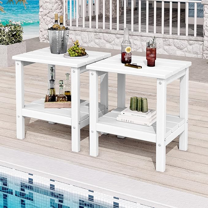 KINGYES 2-Tier Outdoor Side Table Set of 2, HDPE All Weather Adirondack Patio Tables,White