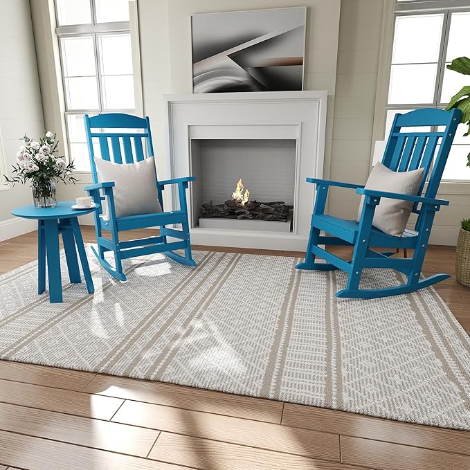Outdoor Rocking Chairs Set of 8, Oversized High Back Patio Rocking Chairs, All Weather Porch Rocking Chairs for Outside. Pacific Blue