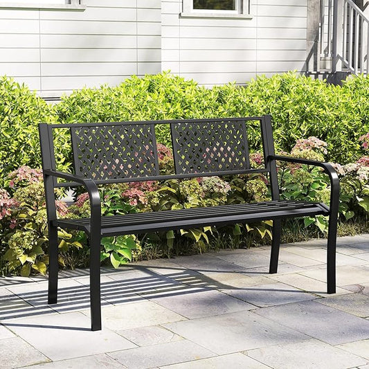 Tangkula Metal Outdoor Garden Bench, 50 Inches Patio Bench with Patterned Backrest and Curved Armrests, 2-3-Person Outside Bench, Heavy-Duty Metal Loveseat Chair for Porch, Lawn & Yard