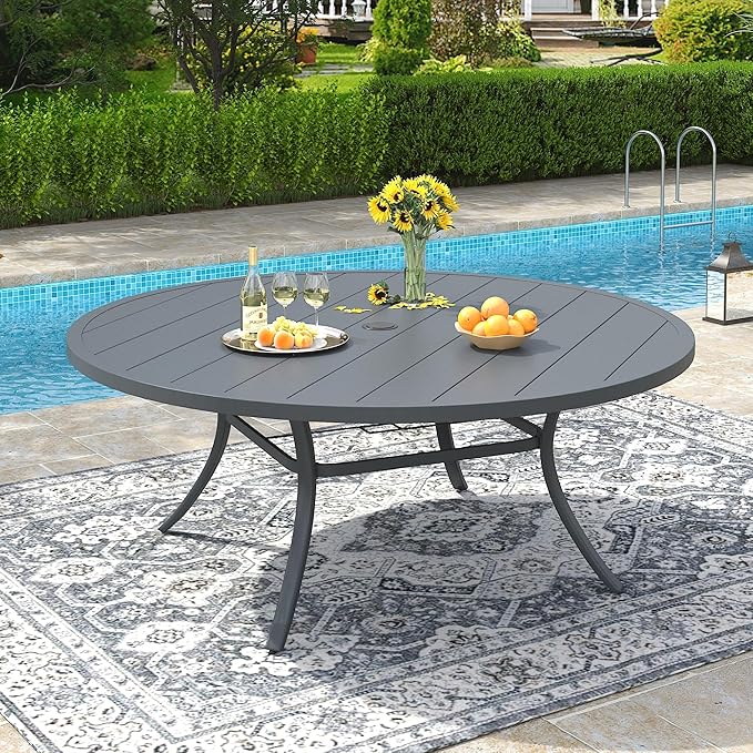 VICLLAX 60" Outdoor Round Patio Dining Table for 8-10, All Weather Metal Dining Table with Umbrella Hole for Deck Lawn Garden Backyard, Dark Grey