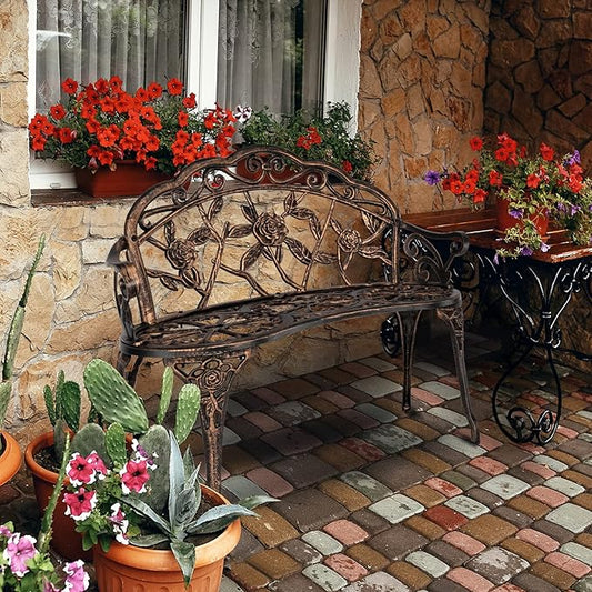 VINGLI 38.5" Patio Park Garden Outdoor Metal Rose Bench, 2-Person Cast Iron Cast Aluminium Frame Antique Finish Chair,Accented Lawn Front Porch Path Yard Decor Deck Furniture (Bronze, Rose)