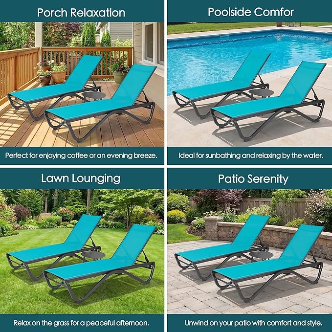 Kozyard Outdoor Chaise Lounge Chair, Full Aluminum Frame and Textilene Fabric, Adjustable Reclining Patio Lounger for Poolside, Sunbathing & Backyard(Aqua, 2Chairs)
