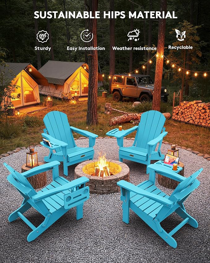 SERWALL Folding Adirondack Chair Set of 2 with 4 in 1 Cup Holder, HIPS Adirondack Chairs, Wood Texture, Weather Resistant Plastic Chairs for Patio Garden Outdoors Fire Pit Chairs - Coffee
