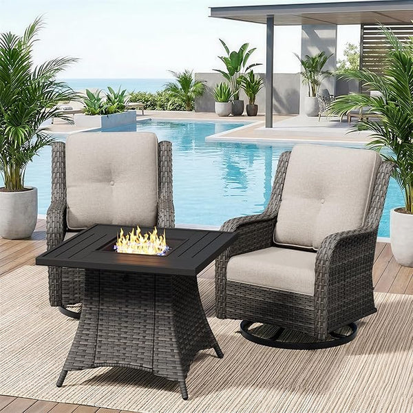 3 Pieces Outdoor Wicker Patio Furniture Set with Fire Pit Table, Swivel Rocker Patio Chairs Set with Thickened Cushions - Photo 1