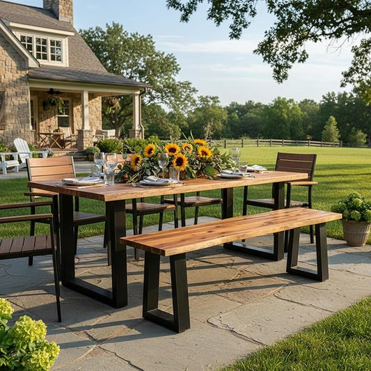 Tangkula Acacia Wood Outdoor Bench, Heavy Duty 2 Person Patio Backless Dining Bench with Metal Frame & Adjustable Foot Pads, Outside Bench for Poolside, Front Porch, Deck (2)
